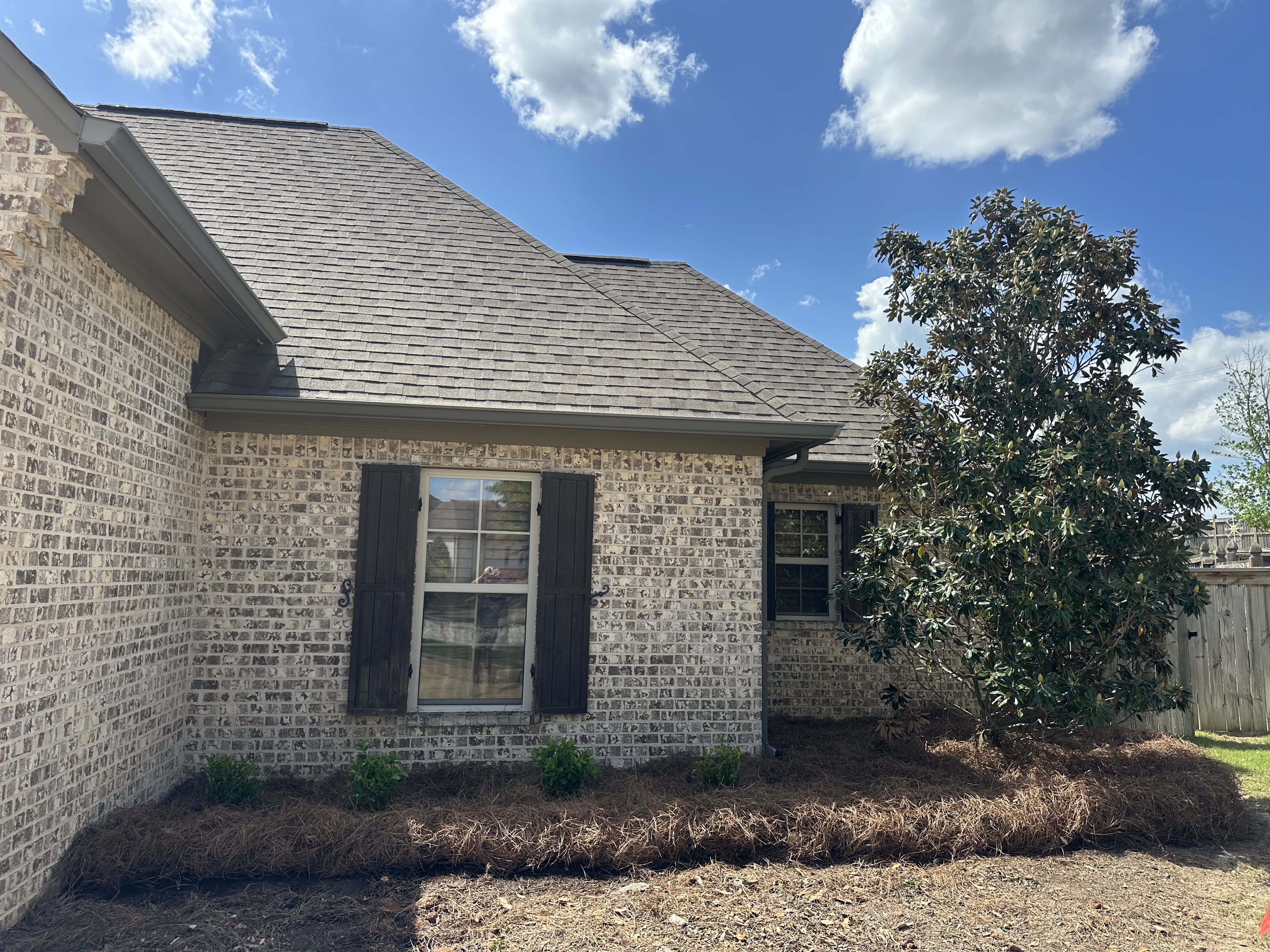 Brick home with mulched beds and magnolia